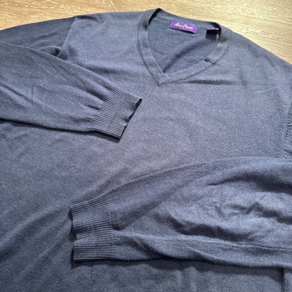 Alan Flusser Sweater Mens L Blue Cotton Rayon V Neck Pullover Preppy Classiccore